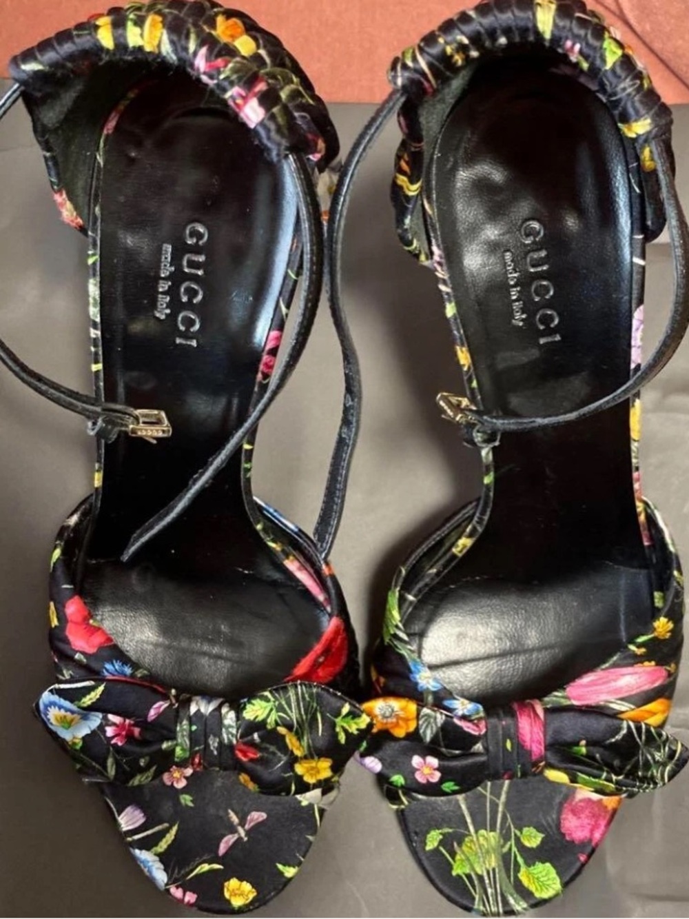 Gucci Floral💐 Satin Ankle Strap Heels w/ Knot Bow  Print Stiletto Sandals- Mint - Picture 3 of 8